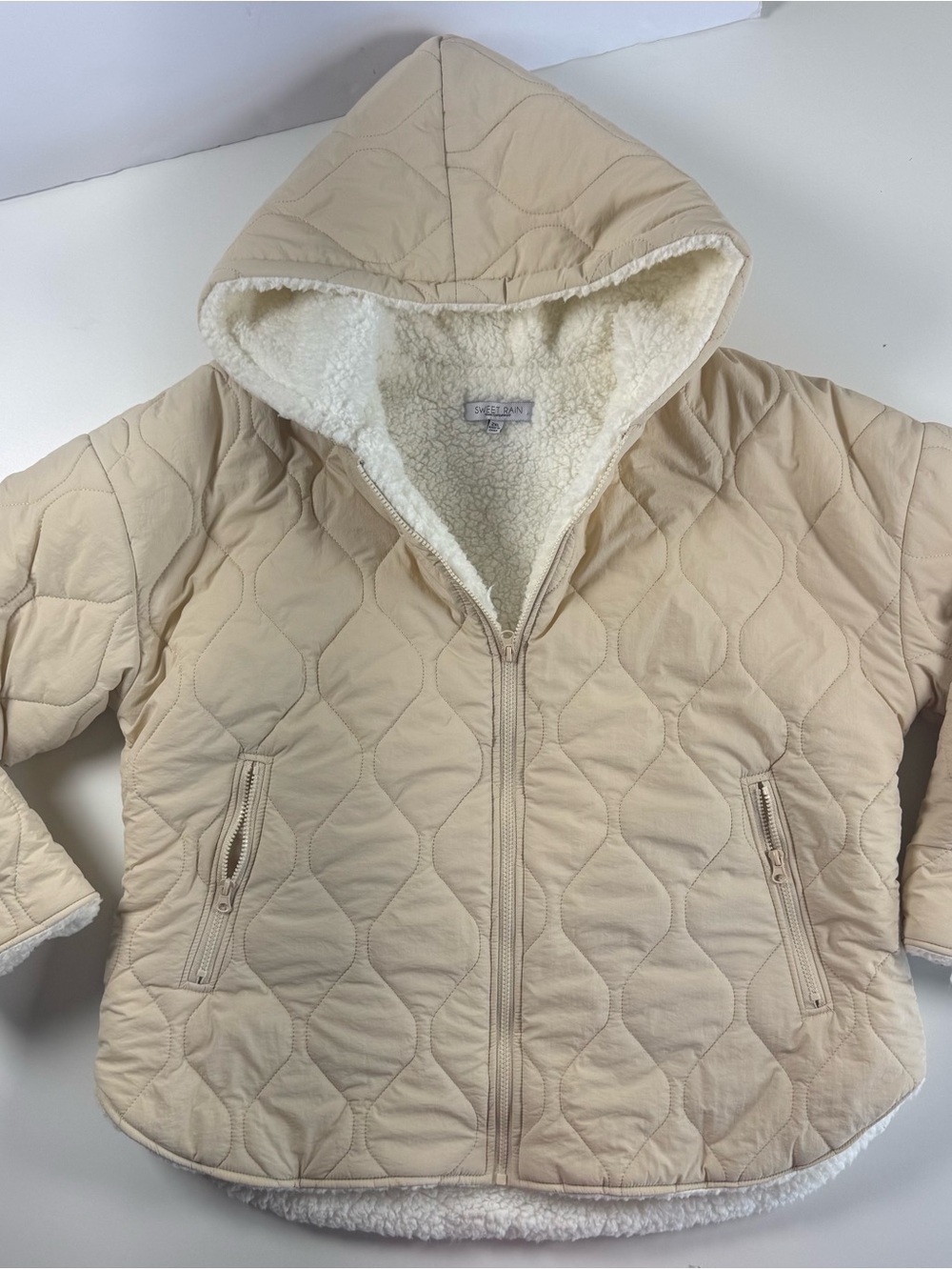 Sweet Rain Beige Quilted Hooded Puffer with Sherpa Lining